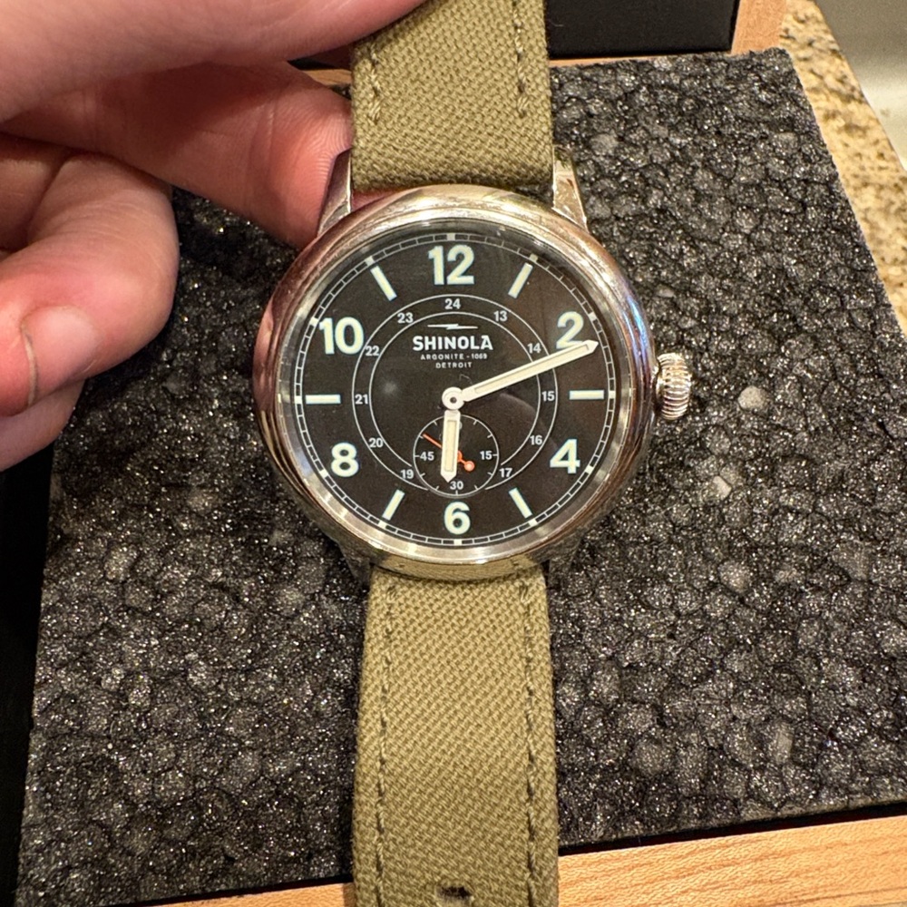 Shinola Black Runwell Watch with Olive Green Canvas Strap